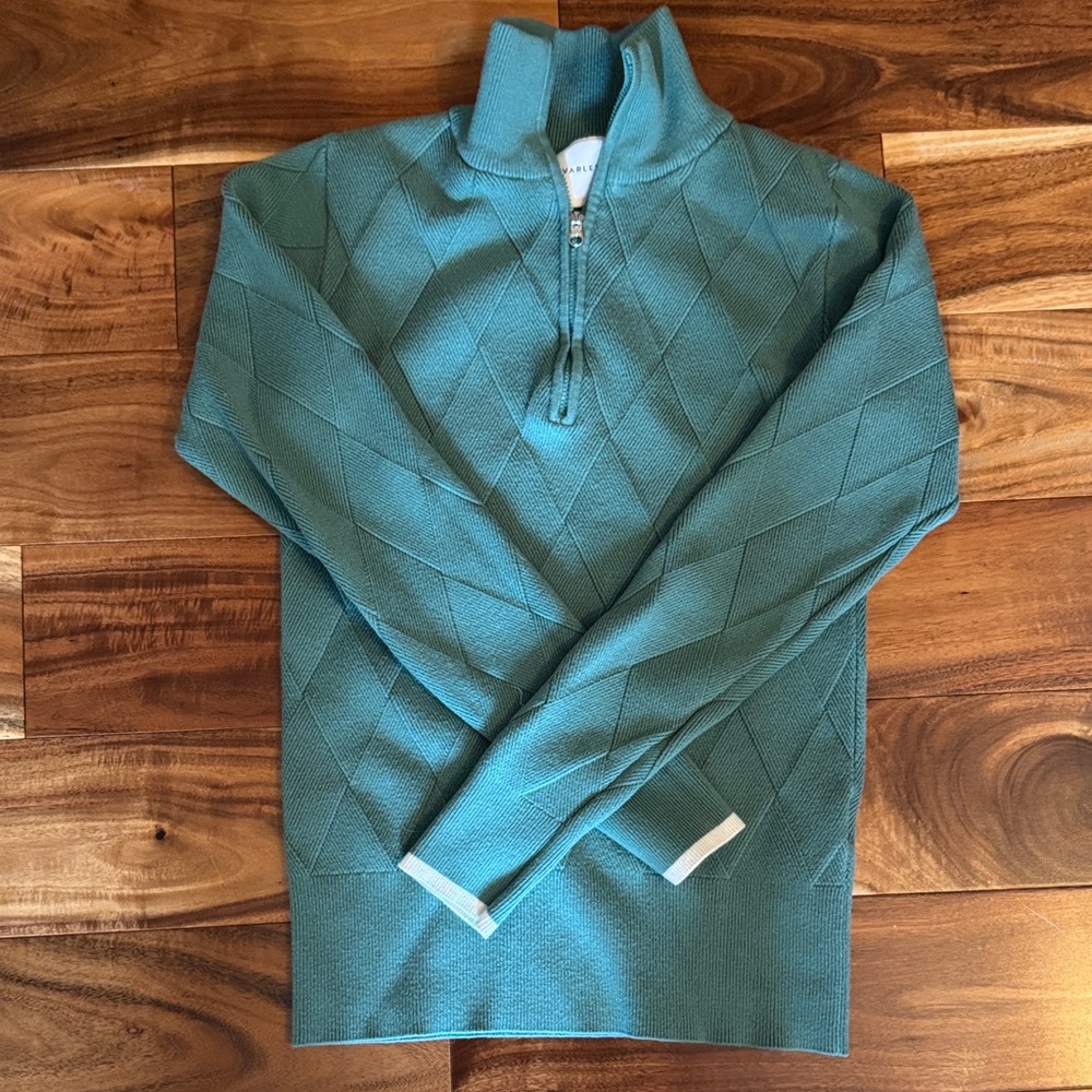 Varley Lawson Women’s Teal Diamond-Pattern Half-Zip Sweater size Med NWOT.